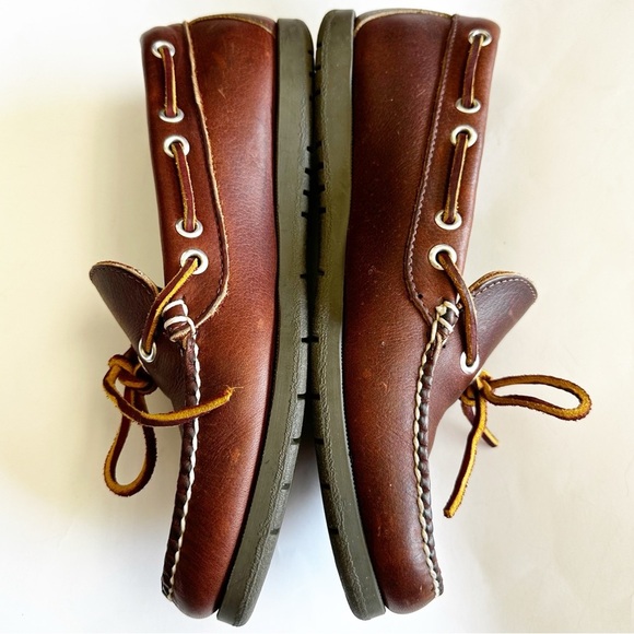 L.L. Bean Mens Camp Moc Brown Leather Boat Shoes Moccasin Stitching OU670 Size 8 - Picture 12 of 14